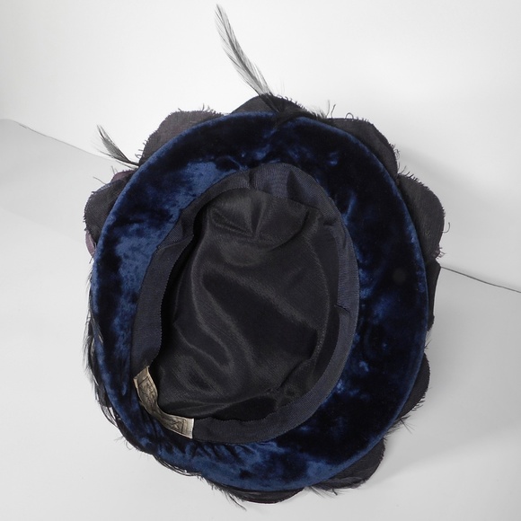 VTG Linda Farrell Hat Dark Blue Velvet Plum Scalloped Satin Trim Feathers Cloche main image 6